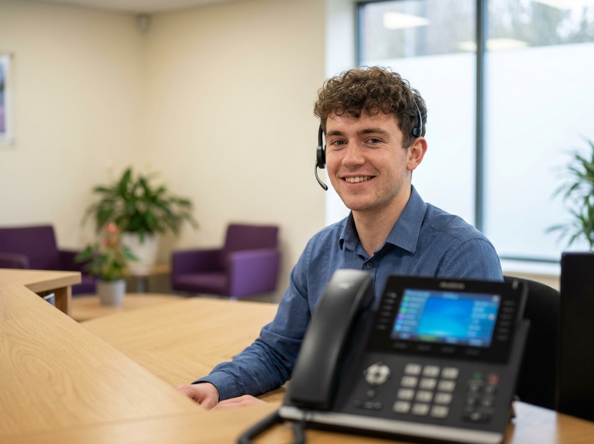 Receptionist with headset and modern IP desk phone